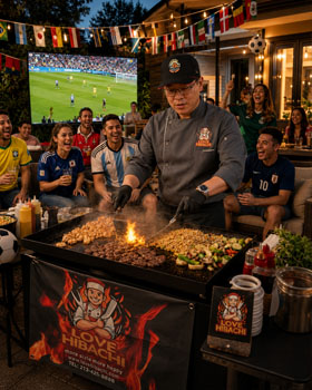 Backyard hibachi chef cooking for guests during a soccer watch party.