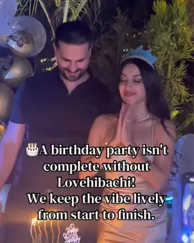 Friends and family gathered for a birthday celebration while a hibachi chef cooks and entertains guests.