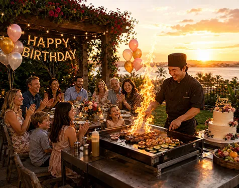 Collin Texas private hibachi chef cooking at a backyard birthday party