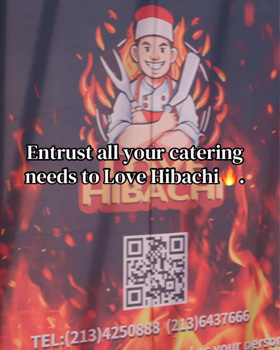 A private hibachi chef cooking live on a portable grill for a company event, with guests enjoying fried rice, steak, shrimp, vegetables, fire show, and interactive hibachi entertainment.