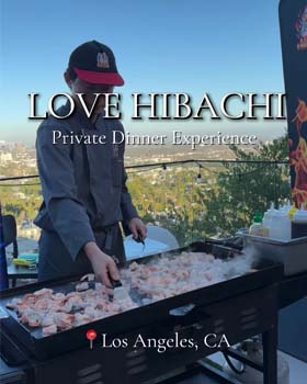 Love Hibachi chef cooking on a portable hibachi grill and entertaining guests during a private at-home party.